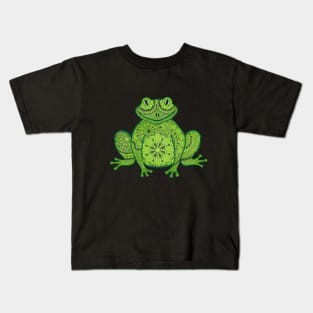 Green Mandala Frog (black background) Kids T-Shirt